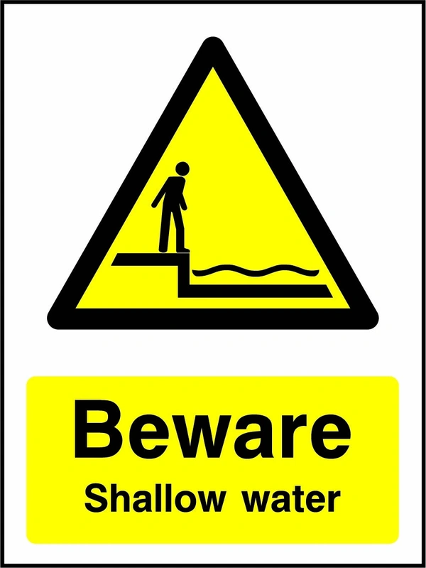 Beware — Shallow water sign showing a yellow warning triangle above the printed water or coastal hazard message. Artwork WATE0039.