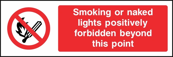 Smoking or naked lights positively forbidden beyond this point sign. red cigarette or naked-flame prohibition pictogram beside a red wording panel. Artwork SMOK0027.