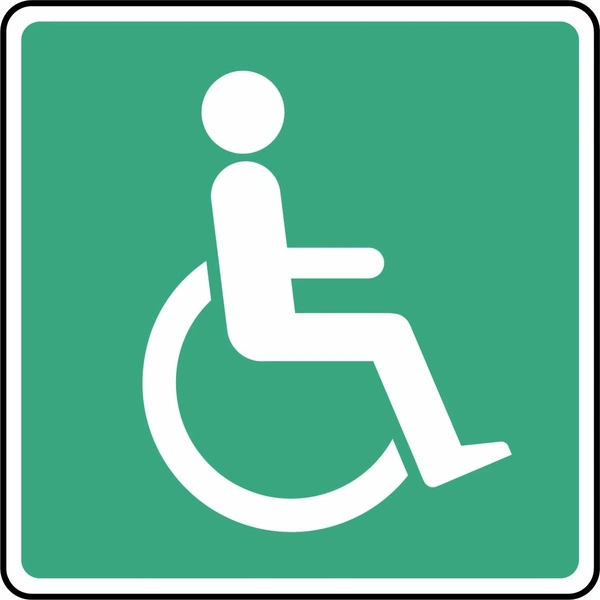 Wheelchair access pictogram sign showing white wheelchair symbol on a green background. Artwork DDA0021.