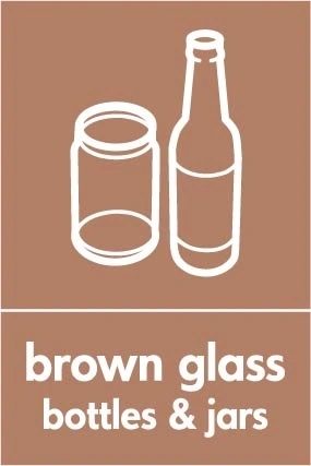 Brown glass bottles & jars recycling sign showing glass illustration and wording on a brown portrait panel. Artwork GLAS0025.