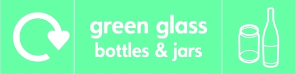 Green glass bottles & jars recycling sign showing recycling arrow and glass illustration and wording on a light green letterbox panel. Artwork GLAS0014.