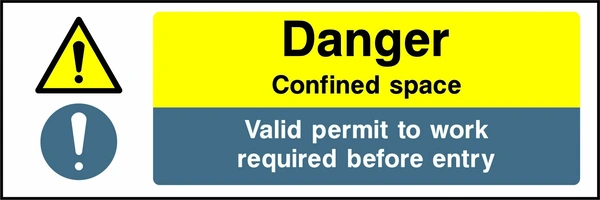 Landscape letterbox sign combining a yellow Danger Confined space warning and a blue Valid permit to work required before entry instruction, with warning and mandatory symbols. CONS0044 artwork.