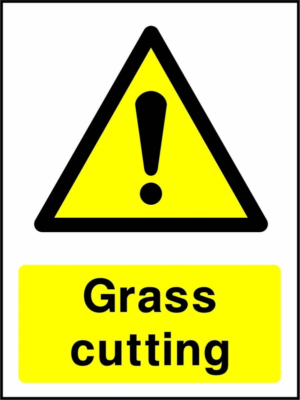 Grass cutting sign showing yellow warning triangle and exclamation mark above wording. Artwork COUN0030.