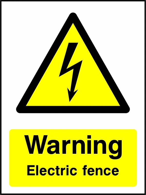 Warning — Electric fence sign showing yellow electrical lightning bolt warning triangle above wording. Artwork ELEC0053.