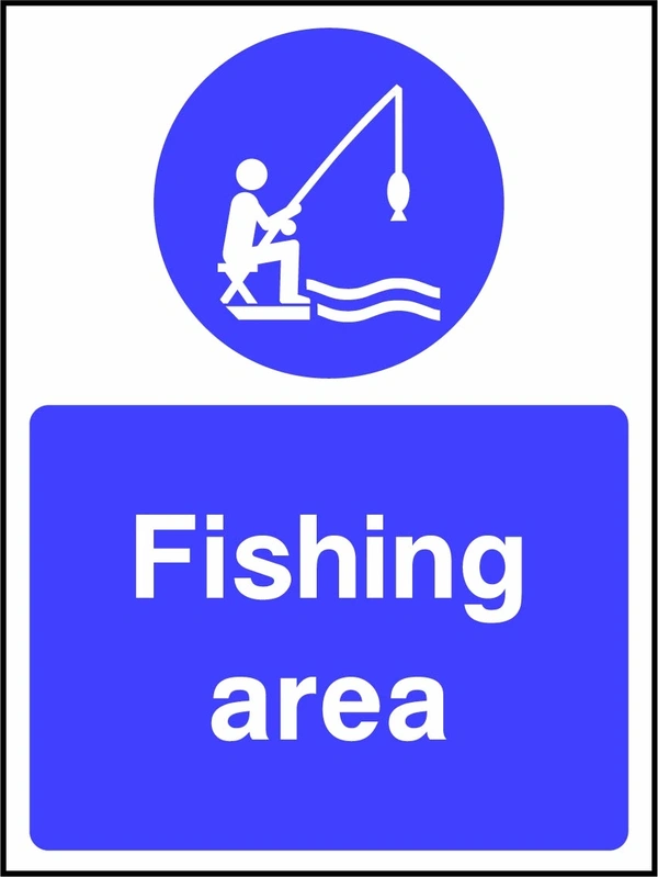 Fishing area sign showing a blue instruction pictogram above the printed wording. Artwork WATE0055.