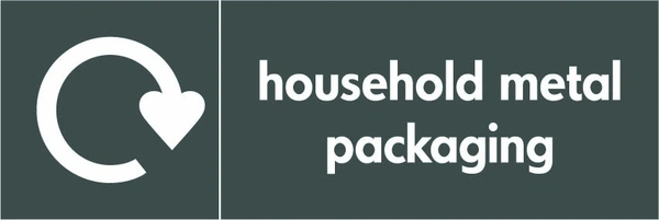 Household metal packaging recycling sign showing white recycling arrow and wording on a dark grey letterbox panel. Artwork META0006.