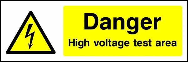 Danger — High voltage test area sign showing yellow electrical lightning bolt warning triangle beside wording. Artwork ELEC0025.