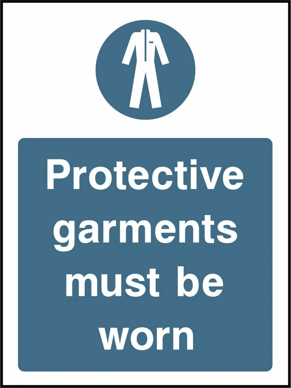 Protective garments must be worn sign showing blue mandatory protective-equipment pictogram and wording. Artwork PROT0007.