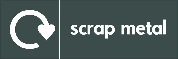 Scrap metal recycling sign showing white recycling arrow and wording on a dark grey letterbox panel. Artwork META0009.
