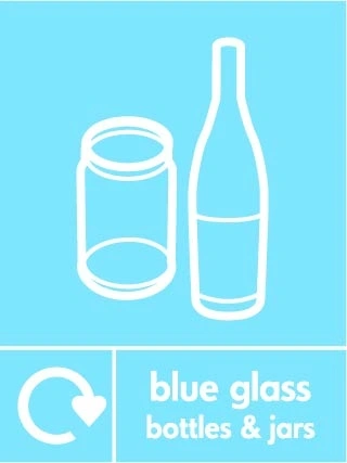 Blue glass bottles & jars recycling sign showing recycling arrow and glass illustration and wording on a light blue portrait panel. Artwork GLAS0021.