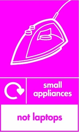 Small appliances — Not laptops sign showing white iron pictogram with exclusion footer and small recycling arrow beside wording on magenta background. Artwork ELEC0108.