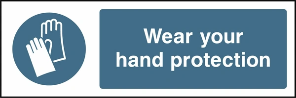 Wear your hand protection sign showing blue mandatory protective-equipment pictogram and wording. Artwork PROT0006.