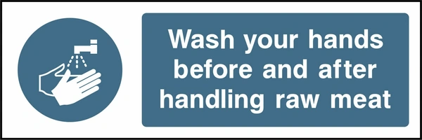 Wash your hands before and after handling raw meat. Food processing sign artwork FOOD0049.