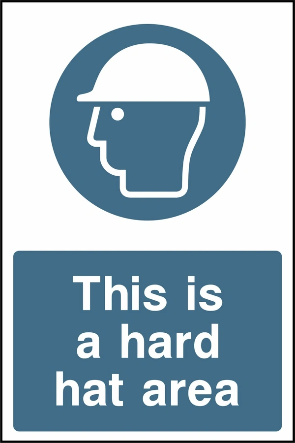 Blue and white mandatory sign with a safety helmet pictogram and This is a hard hat area wording. CONS0038 artwork.