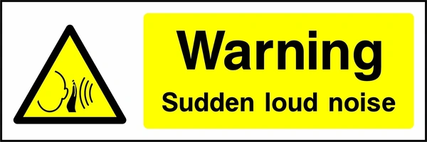 Warning — Sudden loud noise sign showing yellow ear and sound waves warning triangle beside wording. Artwork MACH0005.
