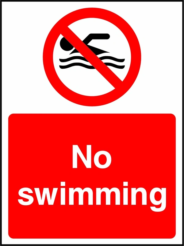 No swimming sign showing a red prohibition pictogram above the printed instruction. Artwork WATE0001.