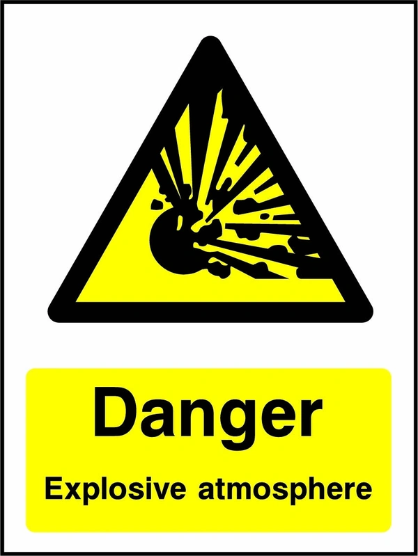 Danger — Explosive atmosphere sign with yellow triangular explosion pictogram above wording. Artwork CHEM0086.