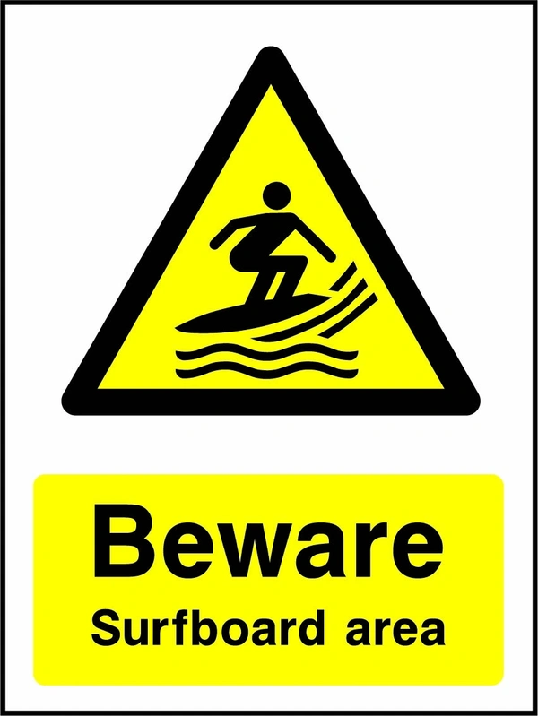 Beware — Surfboard area sign showing a yellow warning triangle above the printed water or coastal hazard message. Artwork WATE0037.