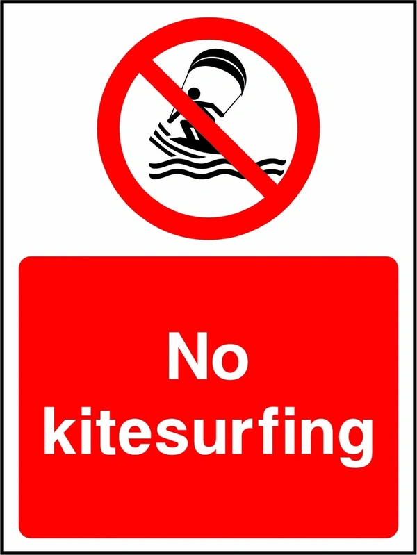 No kitesurfing sign showing a red prohibition pictogram above the printed instruction. Artwork WATE0023.