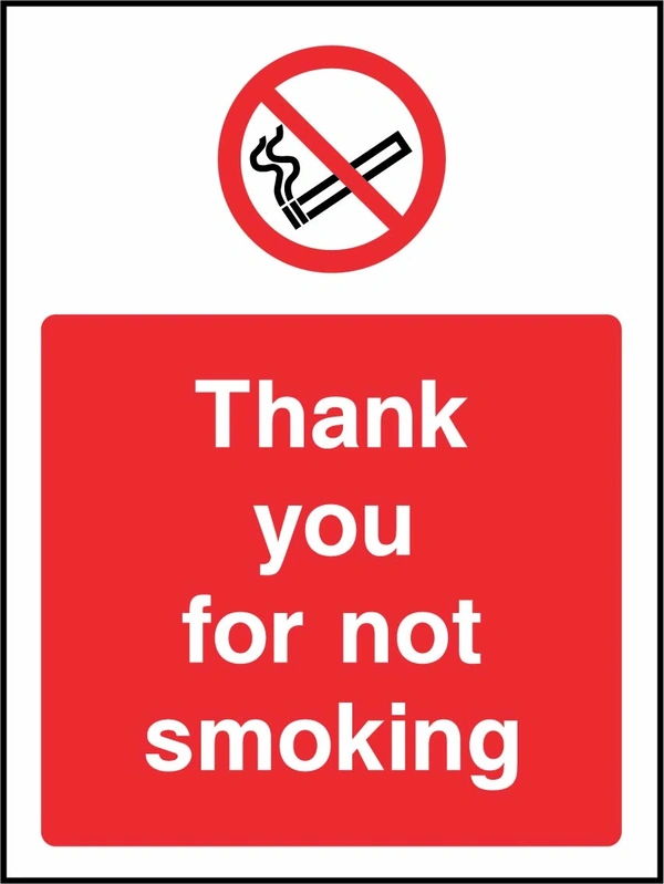 Thank you for not smoking sign. red prohibition pictogram above a red wording panel. Artwork SMOK0059.