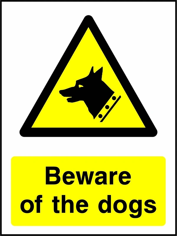 Beware of the dogs sign showing yellow animal warning triangle above wording. Artwork COUN0004.