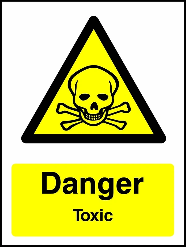 Danger — Toxic sign with yellow triangular skull and crossbones pictogram above wording. Artwork CHEM0059.