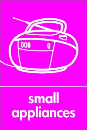Small appliances sign showing white radio pictogram above wording on magenta background. Artwork ELEC0093.