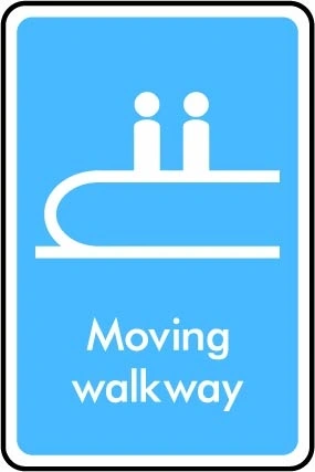 Moving walkway printed sign. Blue information artwork INFO0040.
