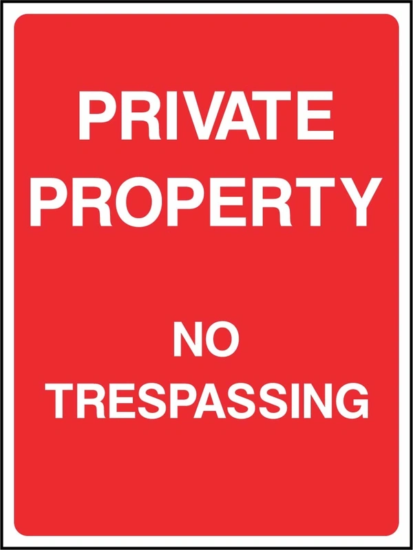 Private Property — No Trespassing sign. red background with white lettering. Supplied artwork PARK0015.