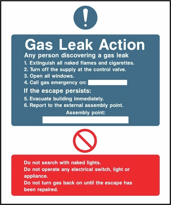 Gas Leak Action printed notice with the original action instructions and layout. Artwork FACT0012.