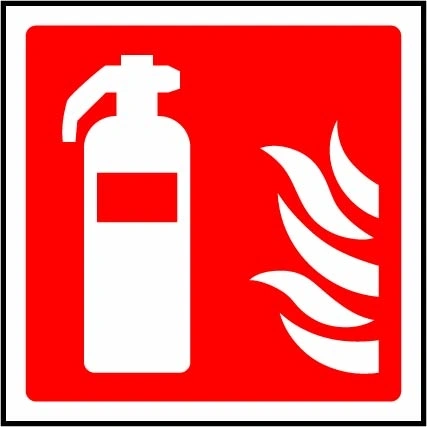 Fire extinguisher pictogram sign showing extinguisher and flame symbols. Artwork FEQP0051.
