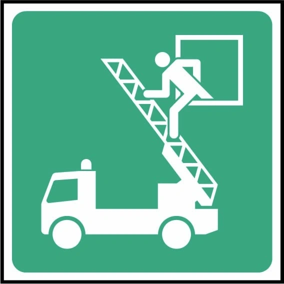 Rescue window sign showing person exiting a window towards a rescue ladder vehicle. Artwork FAID0015.