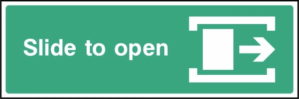 Green and white Slide to open sign showing right-pointing arrow. Artwork EMER0038.
