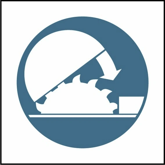 Use table saw adjustable guard pictogram sign showing white table saw guard pictogram in blue circle. Artwork MACH0051.