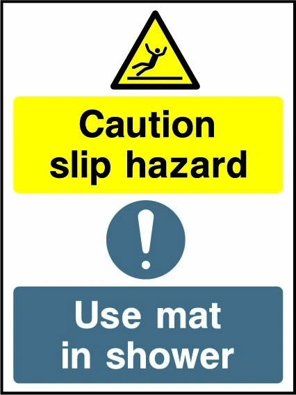 Caution — Slip hazard — Use mat in shower sign. Original hotel notice artwork HOTE0024.
