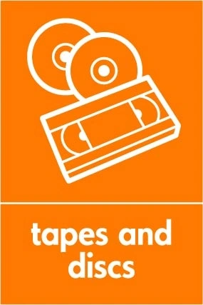 Tapes and discs collection-point artwork with a white item illustration and wording on orange. OTHE0060.