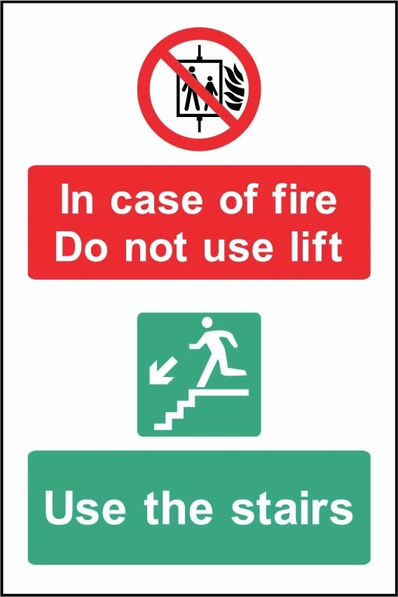 In case of fire Do not use lift — Use the stairs sign showing red lift prohibition and green stairs panels. Artwork EMER0081.