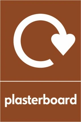 Plasterboard recycling sign showing recycling arrow with white wording on brown. Artwork BUIL0023.