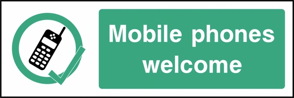 Mobile phones welcome sign showing mobile phone with green tick symbol beside wording. Artwork GENE0132.