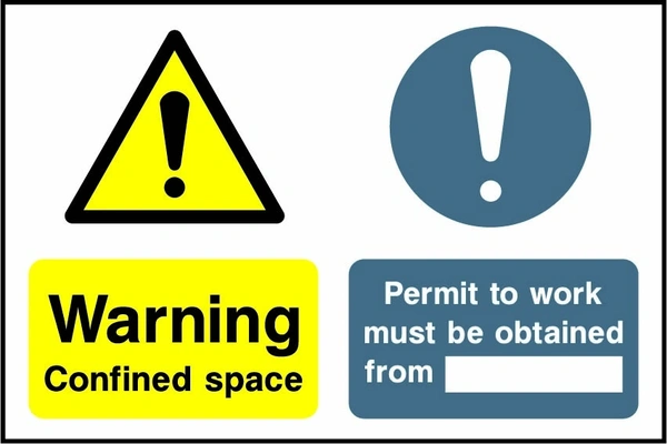 Warning — Confined space — Permit to work must be obtained from. Side-by-side panels. Artwork MULT0018.