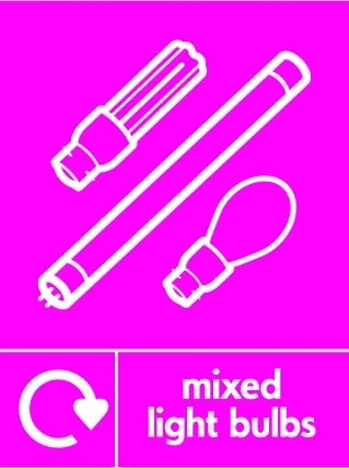 Mixed light bulbs sign showing white mixed bulbs pictogram with recycling arrow beside wording on magenta background. Artwork ELEC0124.