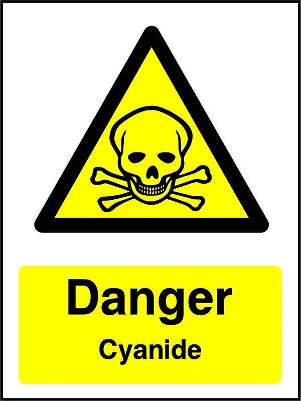Danger — Cyanide sign with yellow triangular skull and crossbones pictogram above wording. Artwork CHEM0055.