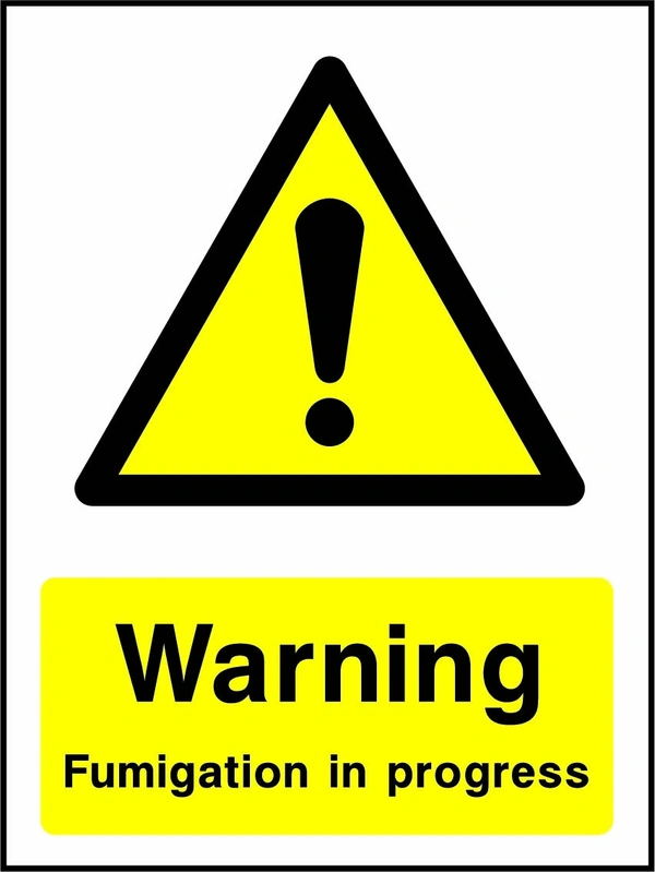 Warning — Fumigation in progress sign showing yellow warning triangle and exclamation mark above wording. Artwork COUN0028.