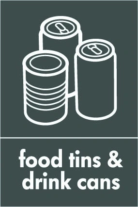 Household metal packaging recycling sign showing white material illustration and wording on a dark grey portrait panel. Artwork META0050.