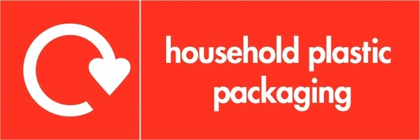 Household plastic packaging recycling sign showing white recycling arrow and wording on a red letterbox panel. Artwork PLAS0002.