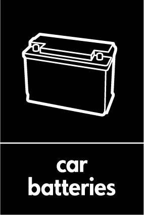 Car batteries recycling sign showing item illustration with white wording on black. Artwork AUTO0015.