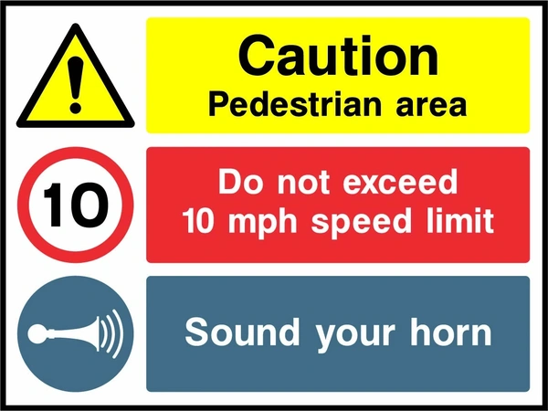 Caution — Pedestrian area — Do not exceed 10 mph speed limit — Sound your horn sign showing the supplied warning, instruction and information panels. Artwork GARA0027.