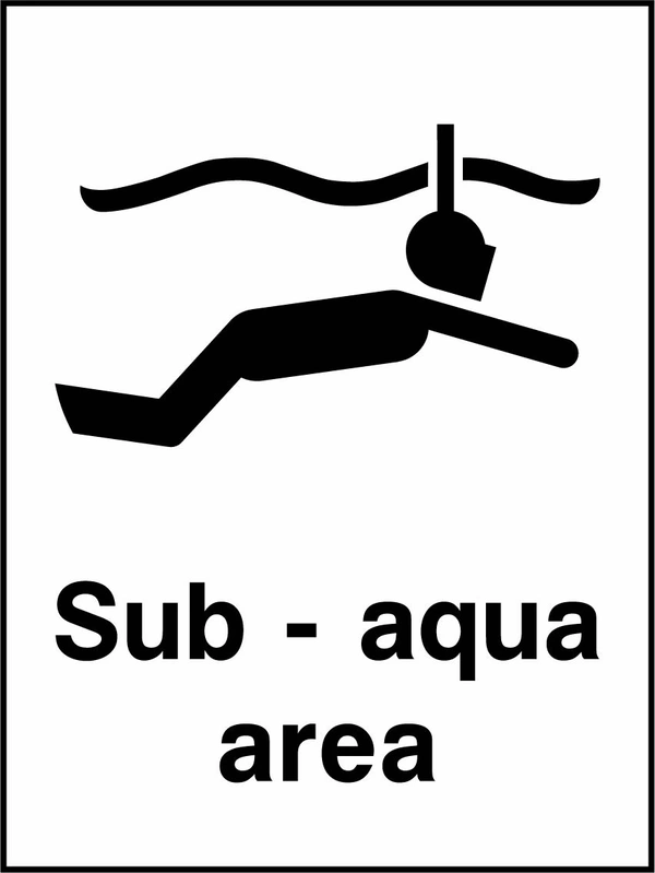 Sub-aqua area sign showing a black water-activity pictogram above the printed wording. Artwork WATE0024.