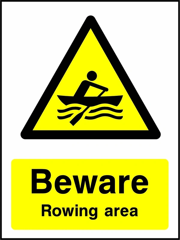 Beware — Rowing area sign showing a yellow warning triangle above the printed water or coastal hazard message. Artwork WATE0034.