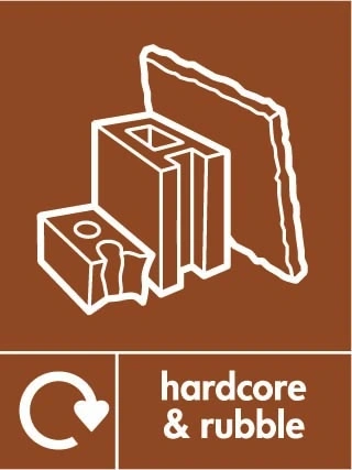 Hardcore & rubble recycling sign showing recycling arrow and material illustration with white wording on brown. Artwork BUIL0035.